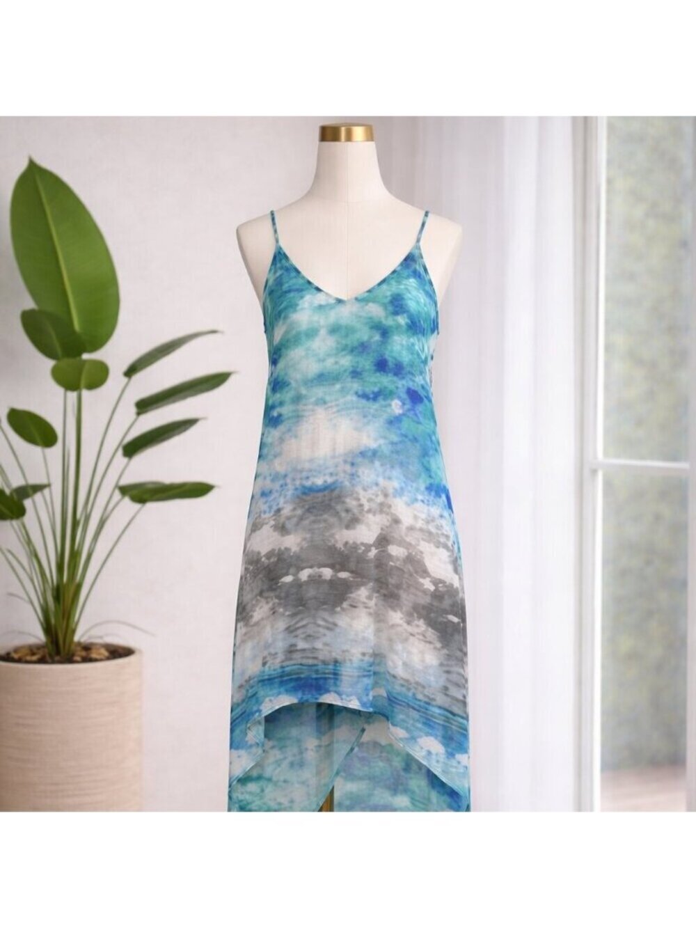 Dress size M Green/gray print high low  blue print summer beach sleevless